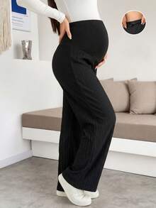 Elegant Black Ribbed Wide Leg Pants For Pregnant Women, Comfortable Medium Stretch Knit Long Pants With Button Detail Design, Suitable For Autumn Wear - Black - View 5