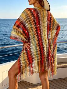 2026 New Women's Bohemian Vintage Zigzag Pattern Cover-Up, Tassel Hem Front Opening Beach Cover-Up, Crochet Colorful Tassels Red Vacation Summer - Red - View 4