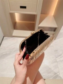 Moonlit Eve Bag 1個金色百褶迷你方盒手拿包，高端金屬雙珍珠鈕扣設計，優雅方盒晚宴包，適合派對女孩、新娘、大學生、職場新人與白領女性，適用於派對、舞會、婚禮，完美搭配舞會配件，附金屬鍊條 - 金色 - 查看 5