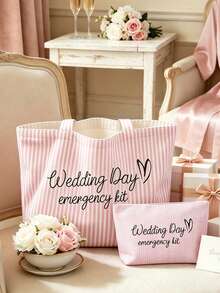 1/2pcs Bridal Wedding Large Capacity Striped Tote Bag Set, Suitable For Beach And Daily Use, Striped Beach Handbag With Pink Makeup Bag - Multicolor - View 6