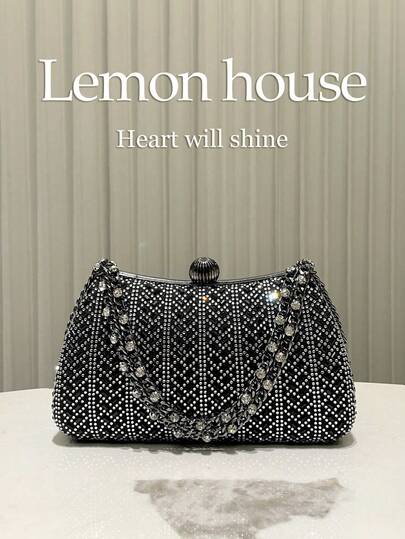 1 chiếc túi cầm tay clutch hộp cao cấp sang trọng màu đen đính đá rhinestone lấp lánh, túi dạ tiệc nhỏ, túi phối váy, túi cô dâu cưới, phù hợp cho tiệc tối, đám cưới, tiệc cocktail, lễ hội, họp mặt thường niên, khiêu vũ và các dịp khác dành cho nữ