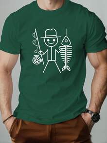 Men's Short-Sleeved Casual Summer T-Shirt With A Stickman Holding A Fishing Rod Pattern T Shirt - 黑色 - 查看 7