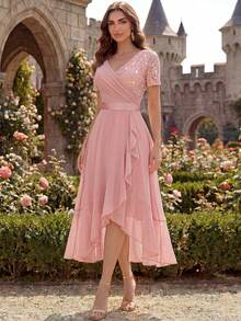 MIUSOL V-Neck Sequin Lace Patchwork Chiffon Ruffle Hem Elegant Ball Party Maxi Dress, Suitable For Wedding Guests, Evening Banquets Pink Summer - Pink - View 8