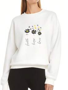 Women's Cotton Blend Lightweight Crewneck Sweatshirt Faith Hope Love Daisy Pattern Casual Outdoor Back To School Holiday Family Daily Wear - White - View 3