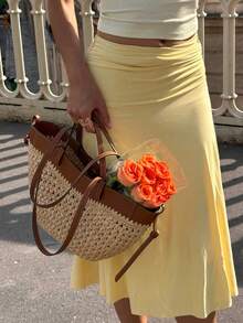 Vellofy Women's Autumn Light Yellow Ruched Mid-Waist Mermaid Long Skirt, Soft Flowy Long Skirt, Suitable For Cocktail Party Wear - Yellow - View 2