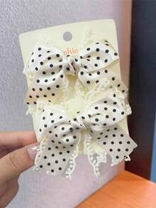 2pcs Spring/Summer Mesh Lace Pearl Bow Daily Versatile Hair Clips - Beige - View 4