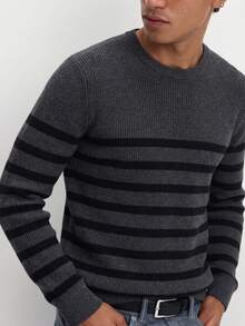 Men's Gray & Black Contrast Striped Crew Neck Textured Knit Sweater, Long Sleeve Pullover, Casual Commute Inner Layer Top, Autumn/Winter - Dark Grey - View 3