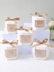 10/5 Pcs Hexagonal Window Kraft Gift Boxes Baking Packaging Boxes, Mini Cupcake Containers Ideal For Surprise Small Gifts, Weddings, Birthdays And Gender Reveal Parties Perfect For Party Favor Packaging And Decorative Use - View 2