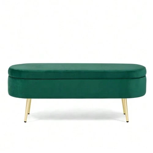 Multifunctional Storage Bench, Soft Chenille Fabric, Wooden Legs, Solid Wood Frame, 20L Storage Space, 110x40x42cm, For Bedroom, Living Room, Shoe Bench, Hallway - 墨綠色 - 查看 1