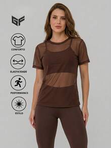 Women's 3-Piece Gym Set | Padded Top + Leggings + Tulle Blouse – Comfort & Elegance, Stylish And Transparency-Free Women's Gym Outfit - 鏽棕色 - 查看 3
