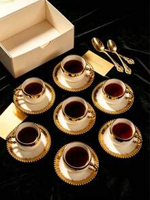 6 Sets / 1 Set 90ml (Approx. 3oz) French Luxury Pearl Edge Gold Brushed Cup And Saucer Set, With Gold Rim Matching Base, Minimalist Aesthetic Drinkware Suitable For Home Cafe Use, Italian Espresso Cup For Afternoon Tea, Mother's Day Gift, Graduation Gift, Summer Kitchen Essential, Birthday Decoration, Kitchen - Multicolor - View 1
