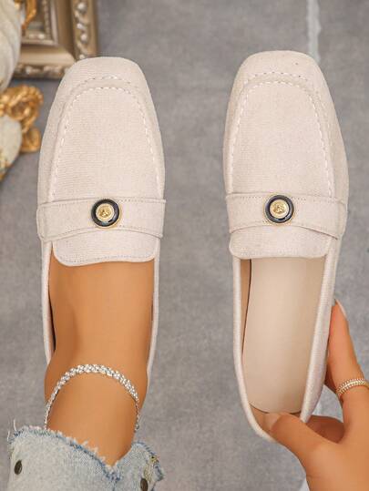 Spring/Autumn New Minimalist Elegant Fashion Square Toe Flat Shoes, Daily Wear Low Vamp Slip-On Women's Shoes, Beige Suede Ballet Shoes, Colorblock Flat Shoes, Women's Formal Shoes, Square Toe Flat Shoes, Lightweight Versatile Women's Flat Shoes