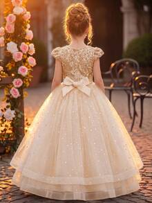 Tween Girl Flutter Sleeve Sequin Bow Mesh Full Skirt Long Dress, Flower Girl Wedding Party Formal Gown - Gold - View 4