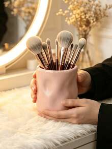 Large Capacity Makeup Brush Holder, Asymmetrical Wavy Pink Cosmetic Storage Box, Suitable For Vanity, Bathroom And Bedroom, Exquisite Desktop Organizer, Large Capacity Cosmetic Storage Cup, Smooth Glazed Vanity Organizer, Ideal Gift For Women, Home Decor - B - View 7