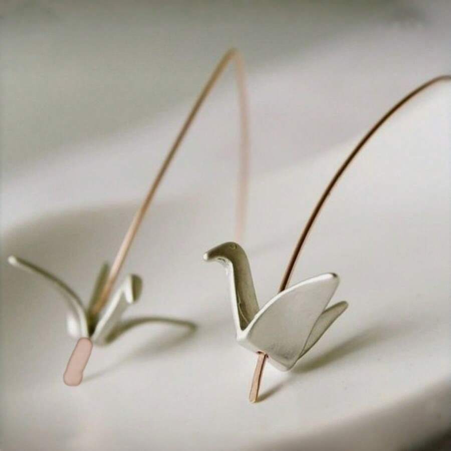 DIYCCPC Dual-Color Paper Crane Ear Hooks, Suitable For Women, Gentle And Elegant, Multi-Functional Accessory For Daily Wear, Dates And Vacations - Silver - View 1