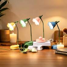 現代 LED 桌燈，無線，可調式鵝頸，可調光，觸控控制，1200mAh 可充電鋰電池，USB 供電，按鈕控制，磨砂塑料與金屬裝飾，圓柱形燈罩，純色，幻想主題，可愛迷你，藍色，附 E - 花鳥款 - 查看 3