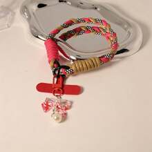 Bowknot Pearl Pendant Wrist Strap, Durable, Color-Blocked, Short Style, Unisex, Colorful Phone Woven Lanyard, Universal Pendant Chain, Short Cord, Sturdy, Perfect For Travel, Anti-Lost Gadget, Frees Your Hands - Multicolor - View 7