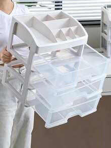 1Pieza Caja de almacenamiento de escritorio tipo cajón, organizador de escritorio de oficina, estante de almacenamiento de papelería y cosméticos, casillero - Blanco - Ver 5