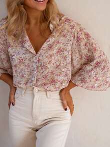 Women's Printed Long Sleeve Button Front Polyester Blouse, With Collar And Bishop Sleeves, Regular Length, Semi-Sheer Shirt Vacation Pink Spring - Pink - View 5