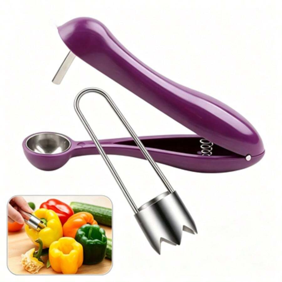 Juego de 2 piezas de descorazonador de frutas y verduras, herramienta multifuncional para descorazonar frutas, diseño ergonómico, utensilio de cocina fácil de usar