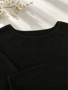Suéter de mujer de cuello redondo suave verde, vintage fresco, casual para primavera, suéter de manga larga de unicolor de poliéster acanalado ligero para primavera/otoño negro - Negro - Ver 6
