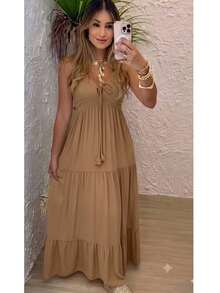 Women's Long Dress, Flowing Style, Sensual Fabric, V-Neck With Front Tie, Elastic Back - Fits Sizes 36 To 40. - 蒙特內哥羅 - 查看 3