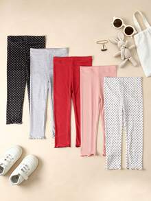 5pcs/Pack Legging Anak Perempuan Motif Garis Vertikal dengan Hiasan Rumbai, Lembut & Nyaman, Serbaguna untuk Pemakaian Sehari-hari - MultiWarna - View 2