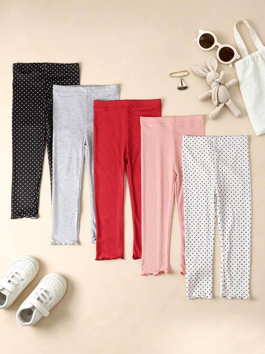 5pcs/Pack Girls' Vertical Striped Frill Trim Leggings, Soft & Comfortable All-Match Versatile For Daily Wear - Multicolor - View 1