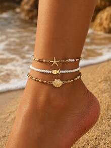 Juego de 3 piezas/set de tobilleras con decoración de estilo oceánico de vacaciones con peces, estrellas de mar y conchas, con cuentas de arroz, joyería de pie de moda para mujeres para salidas a la playa en verano y uso diario, el color y tamaño de las cuentas de arroz son aleatorios - Multicolor - Ver 1