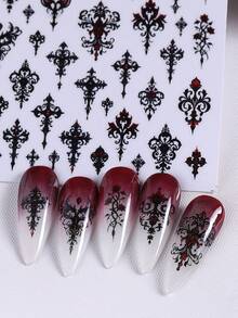 4 Blätter 3D Gothic Stil Nagelaufkleber, Schwarz & Rot Vintage Dunkle Nagelaufkleber, mit Barockmustern, Fledermäusen, Turmschlössern, Kreuzen und Spitzenblumenmustern, Dunkle Hexen Punk Stil selbstklebende Nagelaufkleber, Nagelkunst Dekoration DIY Nagelbedarf - Schwarz - Übersicht 7