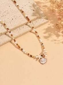1pc Beach Vacation Style Beaded Necklace With Starfish And Shell Pendant, Fashionable Neck Jewelry For Women, Suitable For Daily Wear, Summer Vacation, Beach Party, Music Festival, Random Seed Bead Colors - Multicolor - View 3