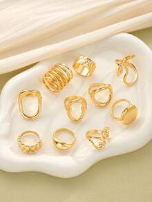 10pcs/Set Fashionable Minimalist Elegant Exquisite Vintage Geometric Hollow Ring Set, Asymmetric Wrinkled Texture, Cross-Layered Smooth Minimalist Wide Band Rings, Suitable For Holidays, Parties, Dates, Daily Wear, Also As A Gift. - Multicolor - View 2
