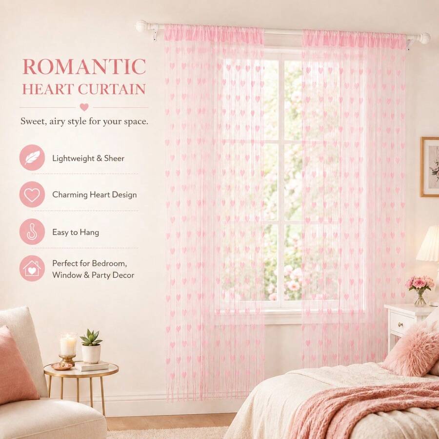 1pc Romantic Pink Heart Curtain Panel, Polyester Blackout Window Drapes With Heart String Design, Privacy Light Blocking Curtain For Bedroom, Living Room & Home Decoration - Pink - View 1