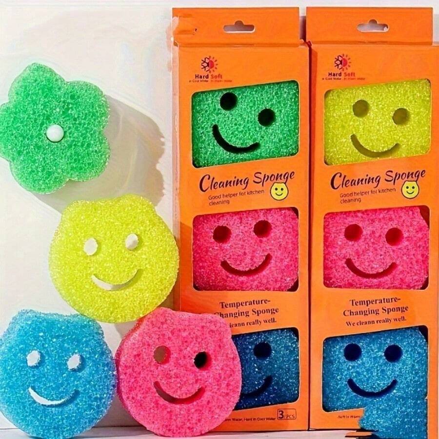 8/4/3/1pc Multi-Color Smiling Face/Flower Sponge, Surface Color Coded (Pink, Yellow, Green, Blue), With Hanging Hole. This Multi-Functional Household Cleaning Cloth Can Easily Meet Various Daily Cleaning Needs. - A - View 1