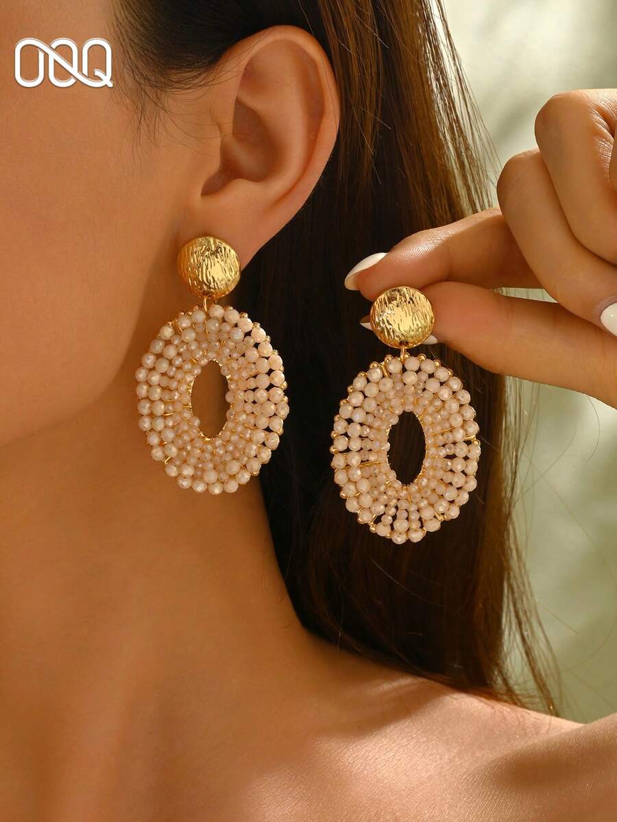 OOQ 1 Pair Bohemian Style Geometric Oval Beaded Seed Bead Earrings, Colorful Niche Design, Versatile Jewelry For Daily Wear, Party, Prom, Engagement, Wedding, Bridesmaid, Mother's Day, Valentine's Day And Any Holiday Gift - Rice Pink - View 1