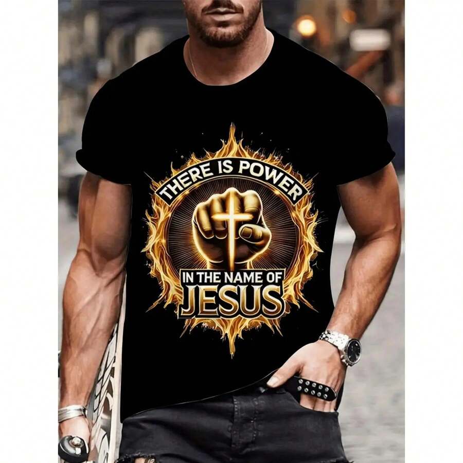 Mens There Is Power In The Name Of Jesus Graphic T Shirt Polyester Breathable Urban Streetwear Casual Round Neck Durable Bold Graphic Tee - Black - View 1