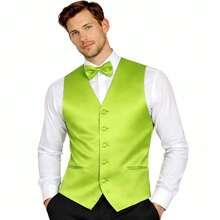 Sizes XS To 6XL Men's 3-Piece Tuxedo Vest Set – Satin Waistcoat With Bow Tie And Pocket Square For Wedding, Prom, Formal Events - 青檸色 - 查看 1