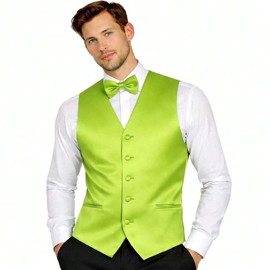 Sizes XS To 6XL Men's 3-Piece Tuxedo Vest Set – Satin Waistcoat With Bow Tie And Pocket Square For Wedding, Prom, Formal Events - 青檸色 - 查看 1
