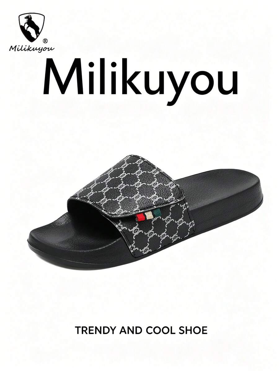 Milikuyou[ 春夏新款 ]男士運動拖鞋 黑色復古圖案，時尚高端，舒適露趾拖鞋，浴室拖鞋，沙灘拖鞋，休閒街頭穿搭，必備單品，適合沙灘、居家、泳池和日常穿著，尺寸：38-48