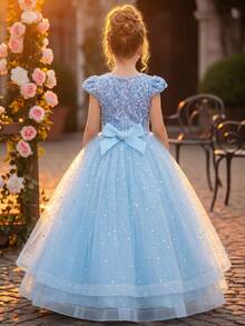 少女蝴蝶袖亮片蝴蝶結網紗大裙擺長洋裝，青少年花童婚禮派對正式禮服 - 藍色 - 查看 6