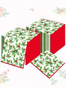 20/1pc Disposable Napkins, Green Plant & Red Berry Pattern, Christmas New Year Gift Party Napkins, Suitable For Christmas Gathering, Christmas Party, Restaurant Decor, Kitchen Decor, Christmas Home Decor, Christmas Gift - One Size Fits All - View 1