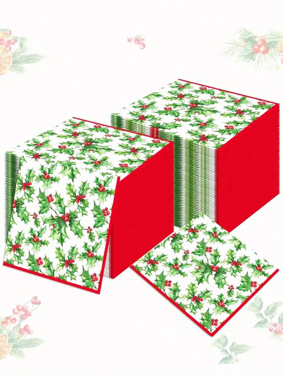 20/1pc Disposable Napkins, Green Plant & Red Berry Pattern, Christmas New Year Gift Party Napkins, Suitable For Christmas Gathering, Christmas Party, Restaurant Decor, Kitchen Decor, Christmas Home Decor, Christmas Gift - One Size Fits All - View 1