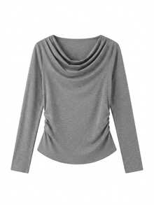 Kaos Lengan Panjang Wanita Model Kerah Cowl dan Pinggang Berkerut, Warna Polos, Atasan Kasual Elastis yang Melangsingkan untuk Musim Gugur - Dark Grey - View 3