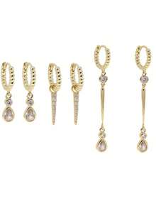 rundraw 2/6pcs New Round Hoop Water Drop Cone-Shaped Zirconia Inlaid Pendant Earrings, Elegant Copper Gold Color Women's Earrings, Suitable For Party, Evening Gala, Ball, Daily Outfit Accessory, Best Gift For Friends And Lovers On Holidays And Anniversaries - Gold - View 13