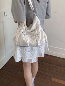 Bolso bandolera casual minimalista ligero con estampado de lunares para mujer, bolso tote de gran capacidad con múltiples bolsillos, adecuado para la escuela, compras, trabajo y viajes - Blanco - Ver 6