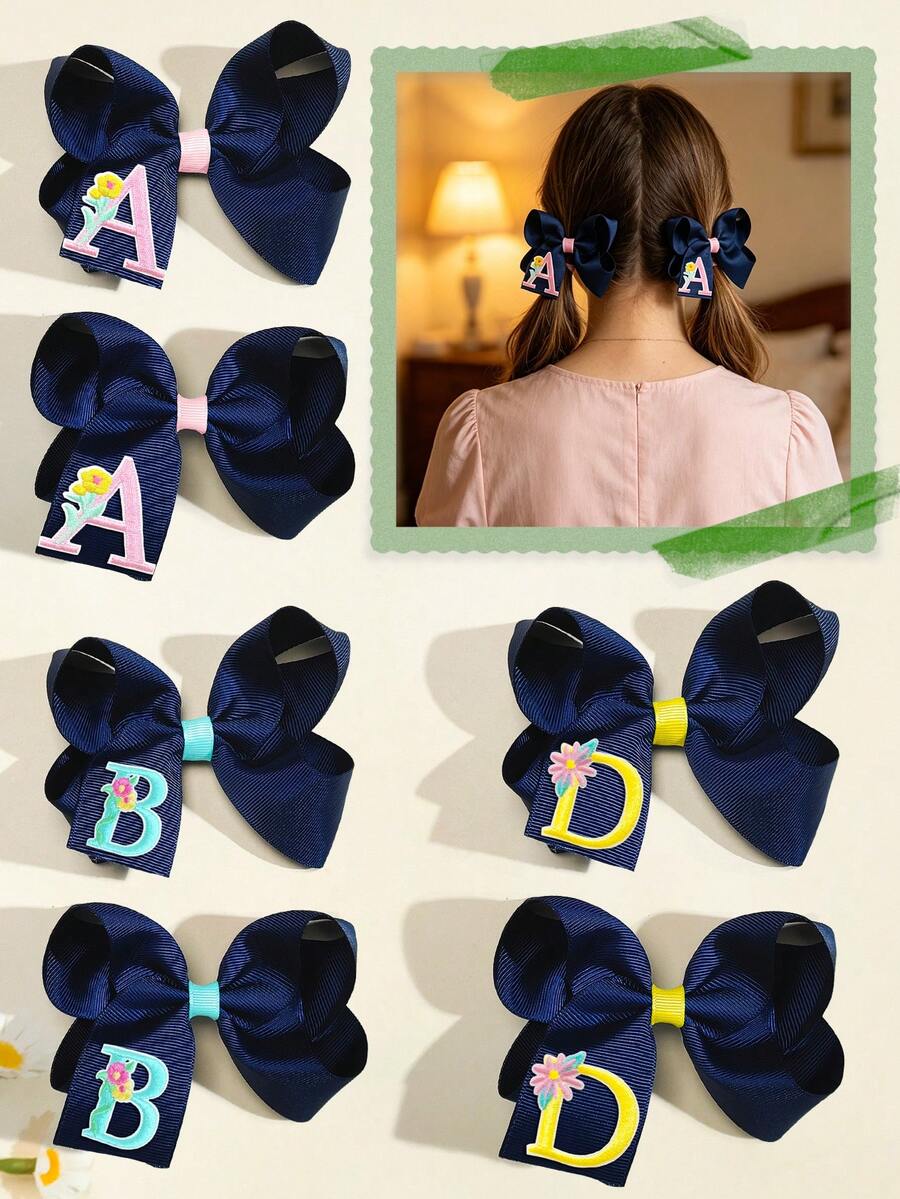 2件組 26個字母A-Z刺繡蝴蝶結髮夾，女孩時尚禮物，兒童女孩用髮飾蝴蝶結夾，適合禮物、節日、派對、學校