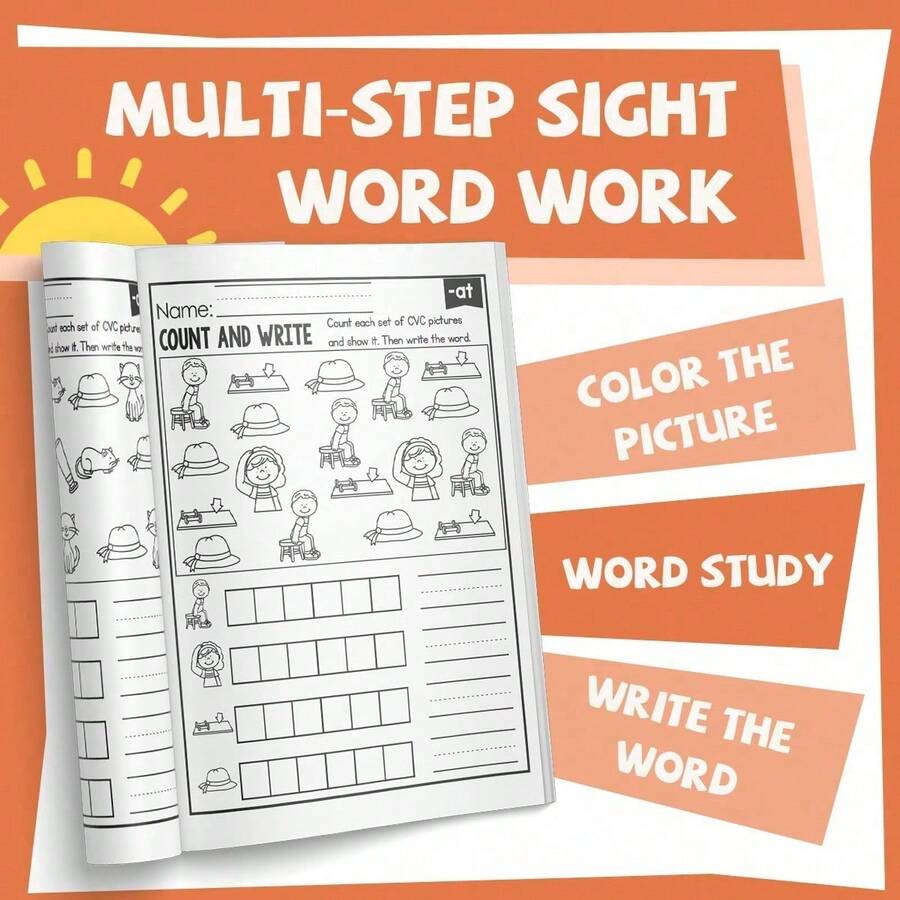 CVC Syllable Family-AT Phonics Workbook | Cut & Paste Sentences, Copy Sentences + Handwriting Practice, Highlight -At Words And Paste Matching Pictures, Self-Writing Sentence Pages | My -At Word Book (Bat, Cat, Hat, Mat, Pat, Rat) - -aT Words - View 1