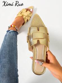 Ximi Ruo 女款春夏新款時尚休閒平底一腳蹬涼鞋，舒適戶外沙灘拖鞋，度假必備，度假，鞋跟 - 黃金色 - 查看 8