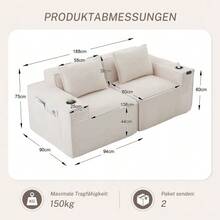Modular 2-Seater Corduroy Sofa With Cup Holders And Side Pockets: Spring Core And High-Density Foam – Dimensionally Stable, Compressed Packaging, No Assembly Required. Ideal For Living Rooms And Apartments. - Beige - View 2