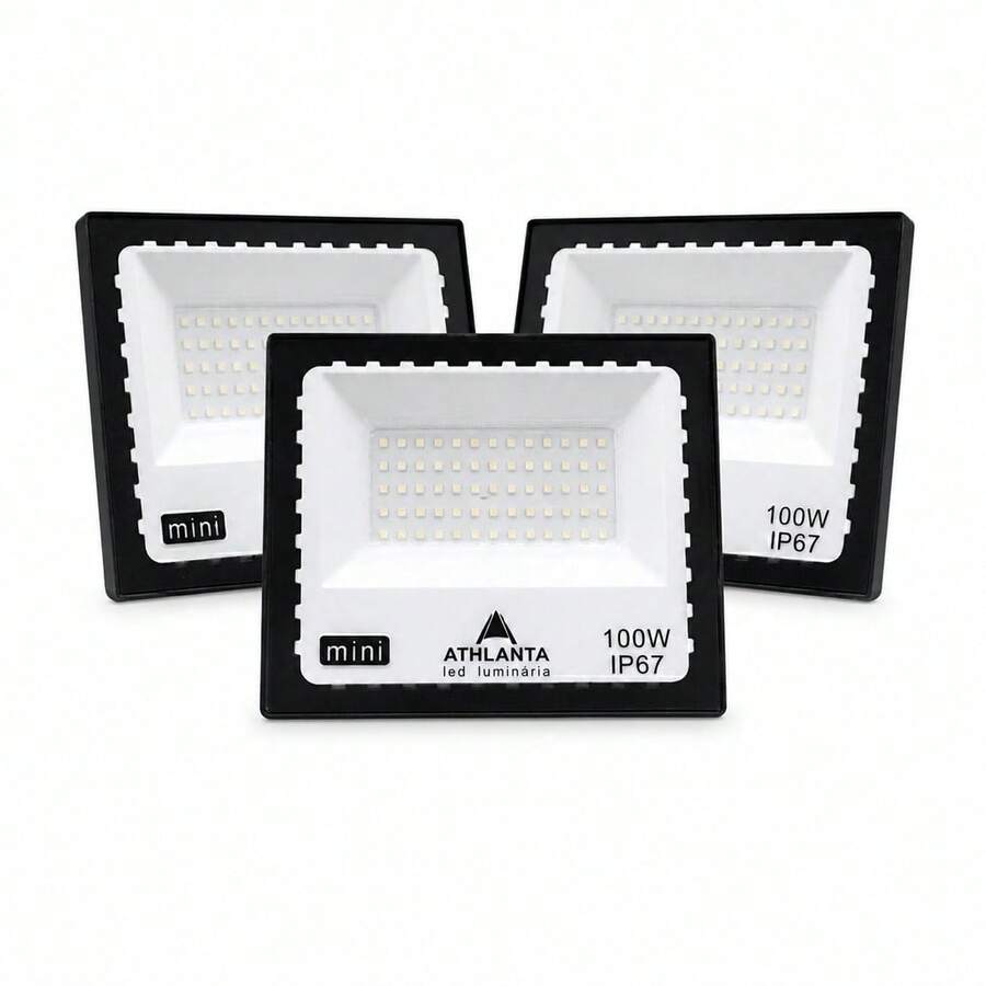 Kit 3 Refletores Holofote LED Branco Frio 100W IP67 Bivolt Athlanta Uso Externo Jardim Fachada Garagem Galpão - Multicolorido - Visão 1